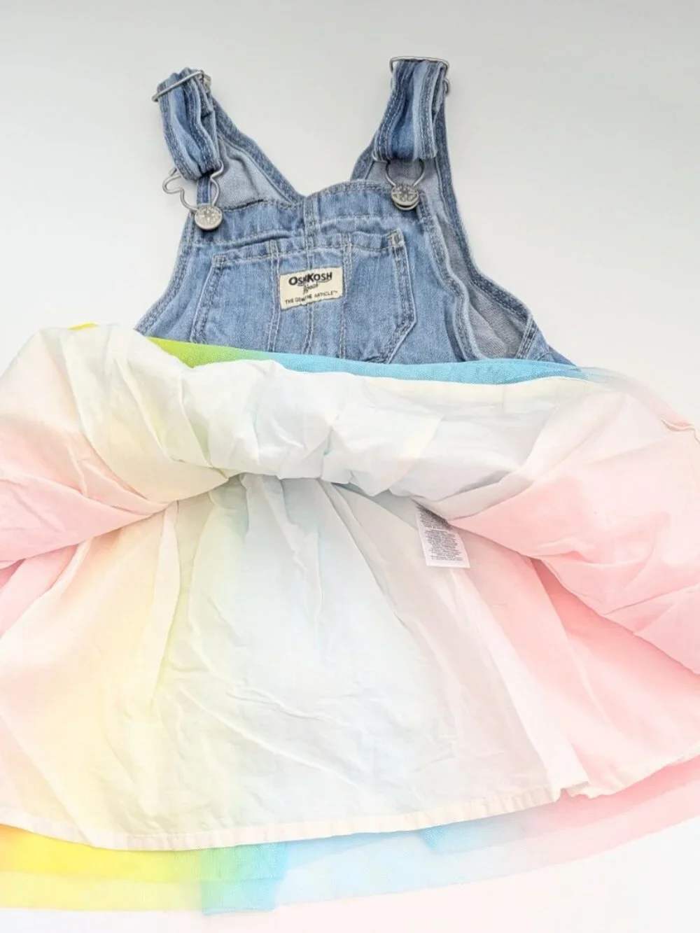 OshKosh Girls' (4T) Denim Overall Dress/Jumper with Rainbow Colored Tulle Skirt